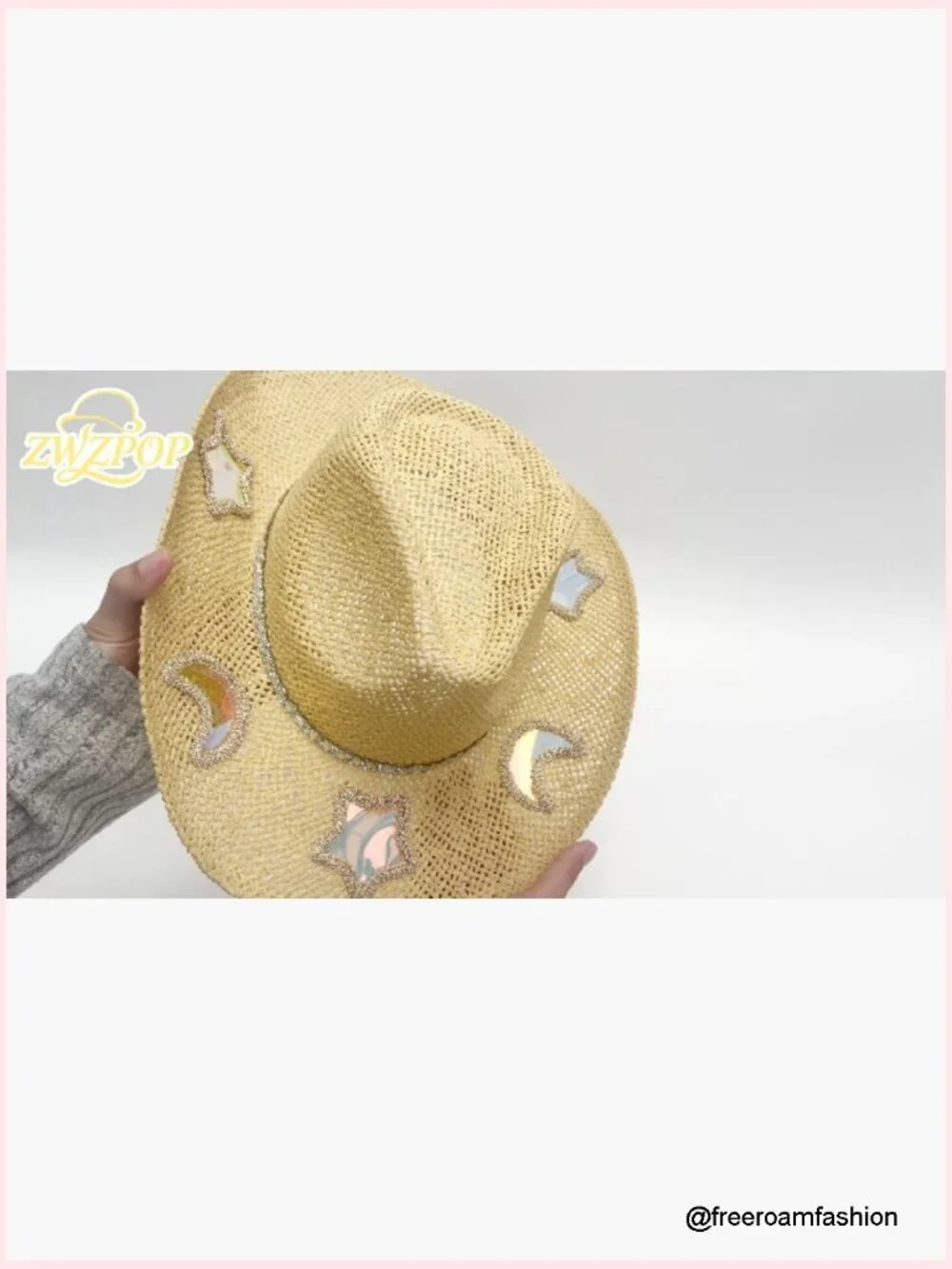 Straw Western Cowgirl Hat with Reflective Patches, Adjustable